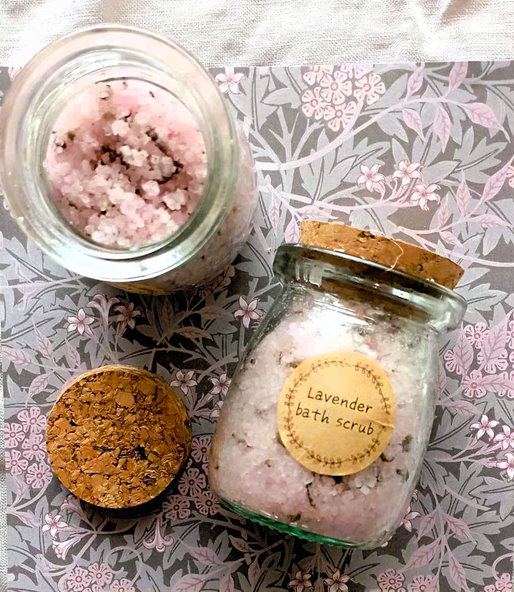Organic lavender sea salt scrub in a glass jar from Vaicomcalma lavender farm